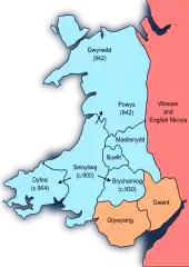 Carte montrant les divisions du pays de Galles et la conquête du Gwynedd par Hywel Dda
