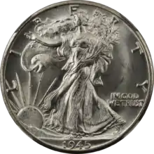 Pièce de monnaie avec une représentation allégorique de la Liberté en train de marcher.