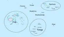 Carte avec la mer en bleu, les îles en blanc et leurs noms, montrant les archipels de Fidji, Tonga, Samoa, et les îles de Wallis, Futuna, Niuafo'ou et Niuatoputapu