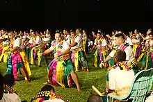 Photographie d'un groupe d'hommes dansant, vêtus de t-shirts blancs, de jupes rayées vert, jaune et rose vif, et de colliers de fleurs aux mêmes couleurs.