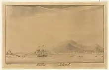 Dessin en noir sur fond beige, montrant un navire européen (XVIIIe siècle) dans une baie, entouré de petits canots ; au fond, l'île de Wallis est représentée, avec des collines.