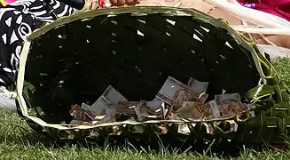 Photographie d'un panier tressé, posé au sol, contenant des billets de banques.