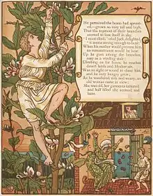 Illustration d'un jeune homme grimpant sur les épaisses tiges d'une plante géante, et réduction d'une même illustration où une marâtre paraît éparpiller des haricots sous les yeux du jeune homme.