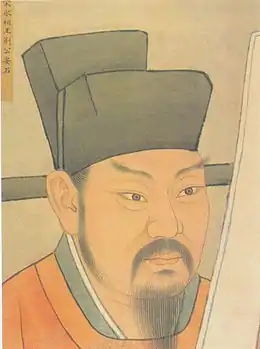 Peinture d'un portrait d'homme. Il porte un chapeau noir, une moustache et une barbiche.