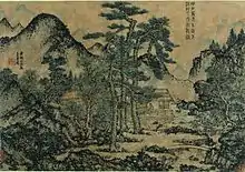 En écrivant des livres sous les pins, Wang Meng, 1279-1368, feuille d'un double album monté en rouleau vertical, 66,7 × 70,5 cm, Cleveland Museum of Art.