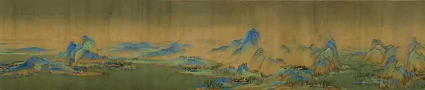 Détail de Mille lis de rivières et montagnes. Wang Ximeng, 1113, Song du Nord, rouleau portatif, encre et couleurs sur soie, 51,5 × 1 191,5 cm. Musée du Palais, Pékin.