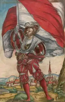 Porte-drapeau de la ville dans Wapen des heyligen Römischen Reichs Teutscher nation de Jacob Köbel (1545). (Bayerische Staatsbibliothek)