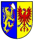 Écu armorié :à gauche lion jaune sur fond bleu, à droite, aigle rouge sur fond jaune