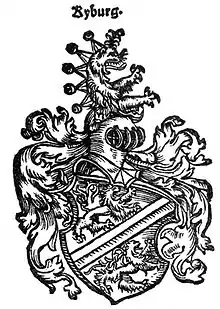 Gravure de 1548 représentant en noir et blanc le blason des Kybourg.