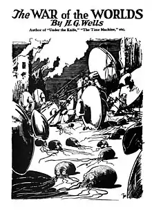 couverture du roman de Wells "The War of the Worlds" avec une illustration en noir et blanc représentant les Martiens