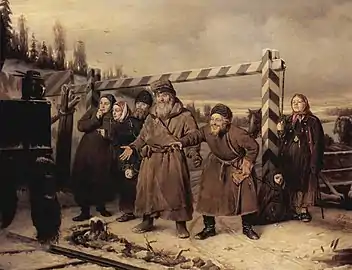 Tableau du dix-neuvième siècle montrant un groupe placé le long d'un chemin de fer enneigé.