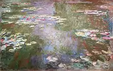 Peinture montrant la surface d'un étang où flottent des nymphéas.