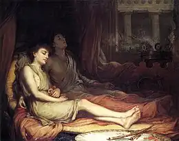 Peinture représentant deux jeunes garçons endormis. L'un a la peau claire et tient un coquelicot dans ses mains, le deuxième, à la peau plus sombre, enlace le premier garçon.