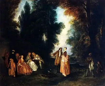 Tableau. Dans un parc aux hautes frondaisons, au centre un couple debout, l'homme invitant la dame, réticente, à rejoindre les personnages à gauche, deux couples assis, le troisième debout, de dos ; à droite, un serviteur noir