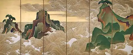 Vagues à Matsushima. paravent à 6 feuilles. Encre, couleurs et or sur papier, 150.2 x 367.8 cm. Museum of Fine Arts Boston