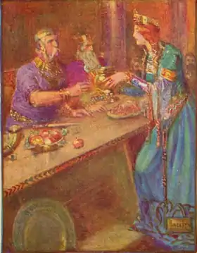La reine Wealhtheow servant son époux Hrothgar (illustration de J. R. Skelton, 1908).
