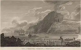 L'accostage de James Cook à Christmas Harbour en décembre 1776.(gravure de John Webber, 1784)
