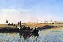 Peinture montrant une barque sur la mer