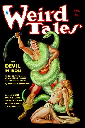 Couverture du pulp américain Weird Tales (août 1934). Illustration de Margaret Brundage pour la nouvelle Le Diable d'airain (:The Devil in Iron (en)) de Robert E. Howard.