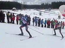 Deux skieurs en pleine course vu de côté