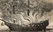 Navire en feu. Les brûlots lancés par Sourdis provoquent l'incendie de 17 vaisseaux espagnols et la mort de 4 à 5 000 marins.