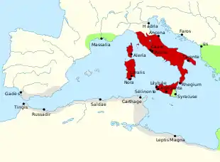 Carte de l'expansion romaine après leur victoire lors de la première guerre punique