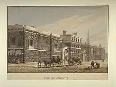 La seconde prison de Newgate sur un dessin du XIXe siècle : A West View of Newgate par George Shepherd (en)
