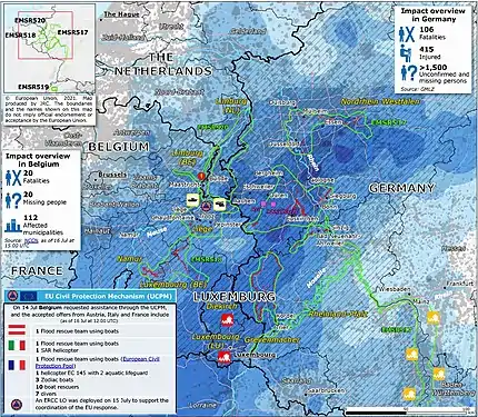 Carte des principales régions inondées selon le Centre de coordination de la réaction d'urgence (ERCC).