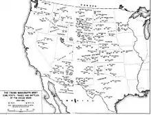 Une carte en noir et blanc de l'ouest des États-Unis montrant les forts, batailles et les localisations des tribus indiennes de 1860 à 1890.