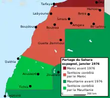 Carte du Sahara occidental. Le sud du pays, jusqu'à une ligne Dakhla-Bir Anzarane est contrôlé par la Mauritanie, la partie nord l'étant par le Maroc.