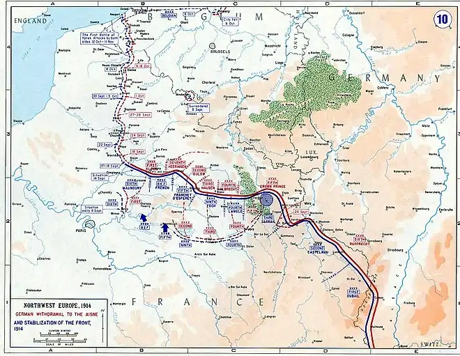 Carte de l'est de la France avec des annotations bleues et rouge pour indiquer les positions françaises et allemandes et le front.