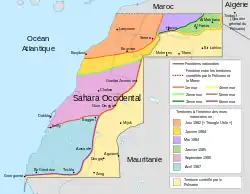 Une carte du Sahara occidental, indiquant les étapes de la construction du mur des sables.