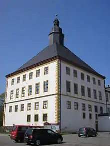 Tour ouest du château de Friedenstein qui abrite depuis 2010 le musée de la nature de Gotha où sont exposés divers fossiles de la formation de Tambach.