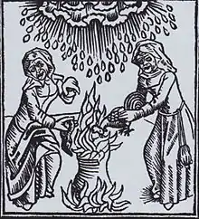  Gravure en noir et blanc représentant deux sorcières préparant un maléfice de mauvais temps dans un chaudron, avec un gros nuage avec de pluie au-dessus de leurs têtes, auteur inconnu vers 1489.
