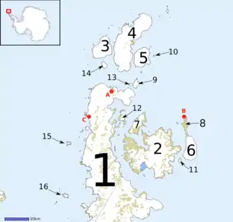 Partie nord de la terre de Graham et îles environnantes : 1 Péninsule de la Trinité (en fin de la Péninsule Antarctique), 2 île James Ross, 3 île d'Urville, 4 île Joinville, 5 île Dundee, 6 île Snow Hill, 7 île Vega, 8 île Seymour, 9 île Andersson, 10 île Paulet, 11 île Lockyer, 12 île Eagle, 13 île Jonassen, 14 île Bransfield, 15 île Astrolabe, 16 île Zigzag.