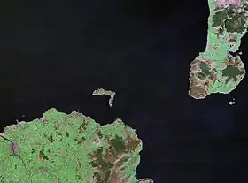 NASA Landsat, image satellite montrant Rathlin, la côte du Comté d'Antrim et le Kintyre écossais.