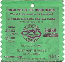 Photo d'un ticket d'entrée du Grand Prix des États-Unis 1973 valable sur trois jours.