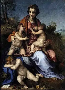 Peinture représentant 1 femme assise sur les genoux de laquelle sont assis deux enfants (dont un qui tête son sein), plus un autre enfant à genoux à ses pieds.