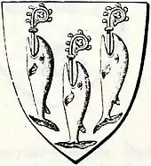 Blason médiéval représentant trois baleines tournées vers le haut, gueules ouvertes d'où sortent trois crosses ecclésiastiques.