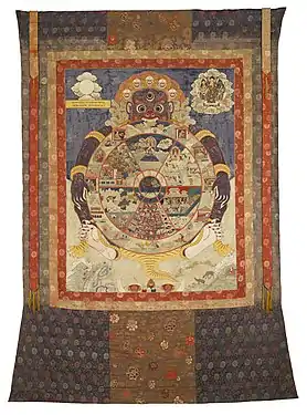 Représentation bouddhiste de la roue de l'existence, avec l'affichage des six royaumes d'existence. Représentation sur un tissu de soie