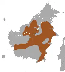 Carte de Bornéo avec une zone marron en X en travers de l'ile