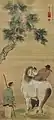 Photo d'une peinture sur soie, figurant, sur un fond jaune paille, un cheval blanc et deux palefreniers sous une branche de glycine.