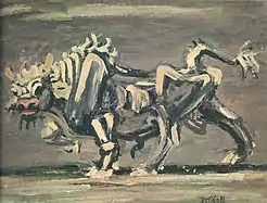 Peinture de style moderne représentant un bœuf de plein pieds, tourné vers la gauche.