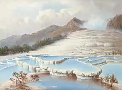 Peinture des White Terraces en 1884.
