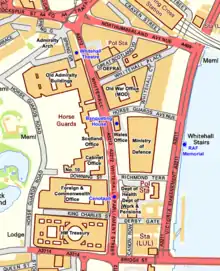 Map of Whitehall showing the MOD Main Building in relation to other government buildings and the River Thames.