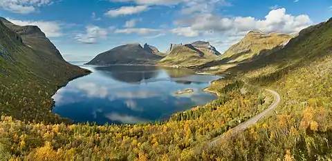 Une route longe un bras de fjord, bordé de quelques montagnes encore vertes.