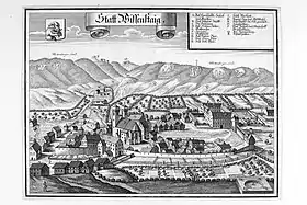 Wiesensteig avec l'abbaye (à gauche, lettre B) et le château (A) vers 1700.