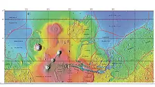 Carte des limites de Xanthe Terra et des régions alentour.