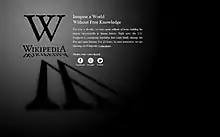La page de Wikipédia en anglais le 18 janvier 2012, illustrant son blackout international en opposition au SOPA et PIPA.