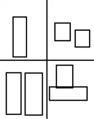 Quatre cases séparées, les personnages étant représentés par des rectangles noirs.